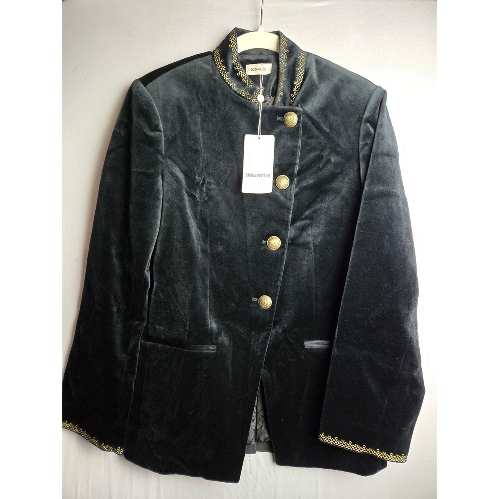 Zadig & Voltaire Versya Star Velvet Military Blazer Black Gold Size 36 NEW